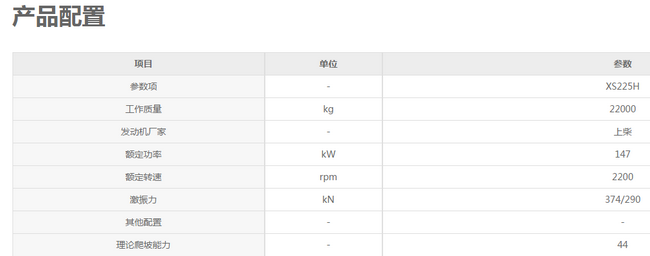 徐工XS225H壓路機參數(shù)配置